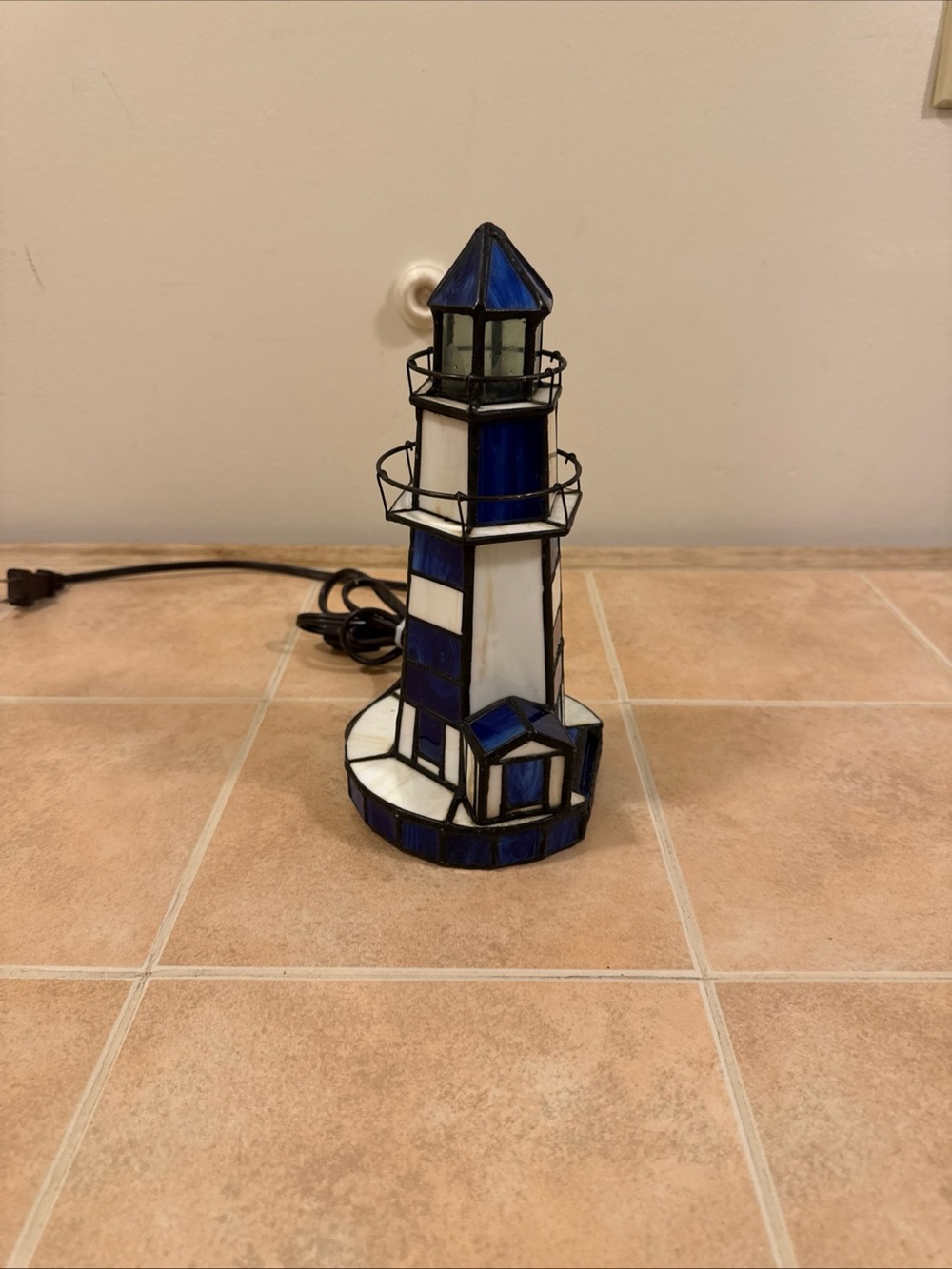 Blue and White Stained Glass Lighthouse Lantern